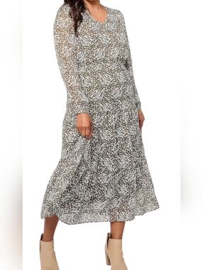 Boho Belle by Kim Gravel Olive and White Leaf-Print Long Sleeve Maxi Dress 4×